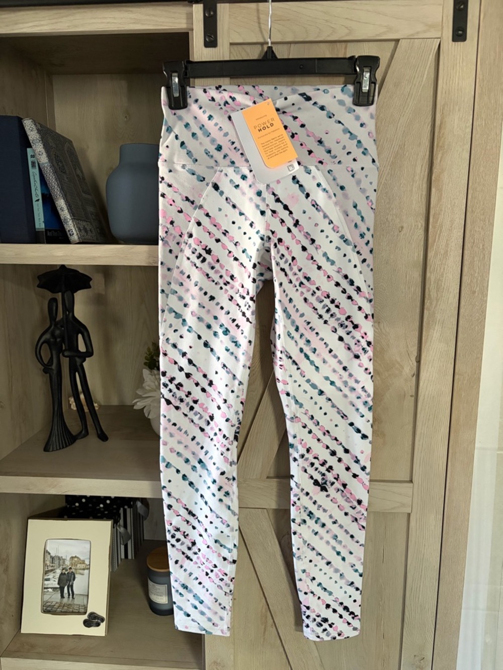 Fabletics White Leggings with Pink, Teal and Black Dot Stripes, Size XS, New
